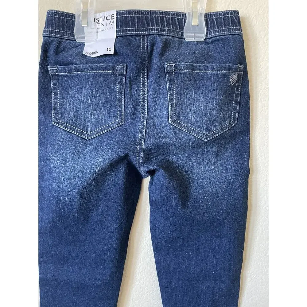 Justice Dark Wash Rhinestones Stretchy Girls Pull On Jean Leggings Pants Size 10